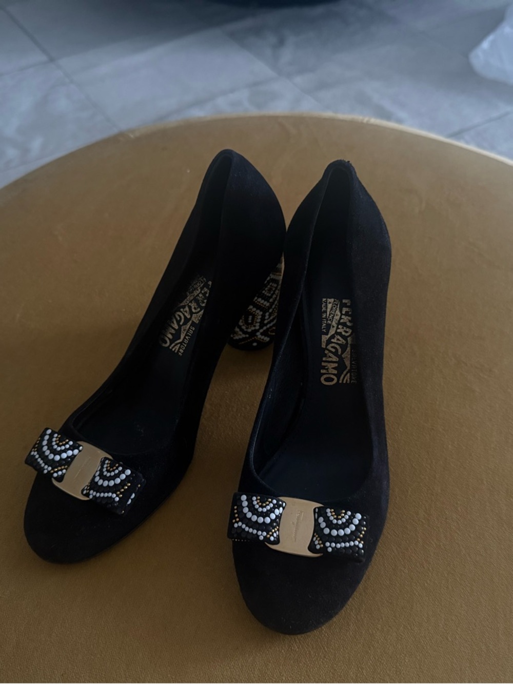 Salvatore Ferragamo Black Suede Bow Pumps with Embellished Hardware